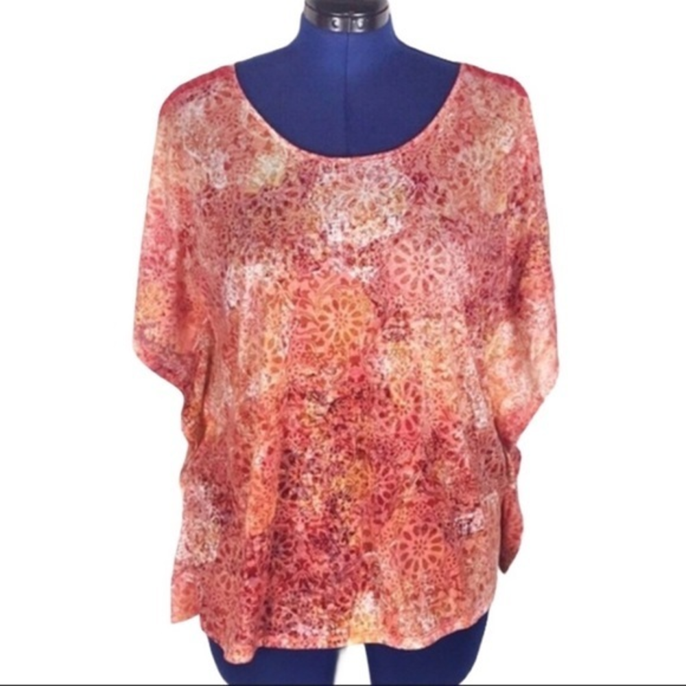 Izod XL orange‎ cream lace detail batwing shirt sleeve elastics waist boho top